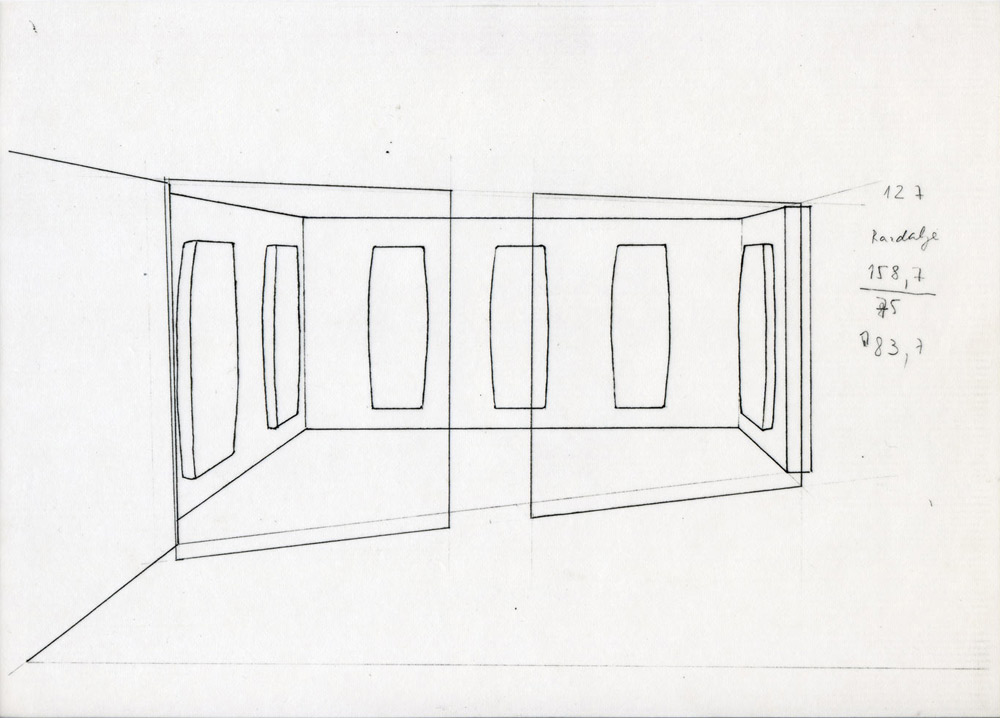 Art, artwork. An installation entitled "Group Portrait with A." by Nika Span / Nika Špan. Material: chipwood, mirrors, neon lamps, lacquer. Exhibition space: Jakopic gallery, Mali salon, Ljubljana, Slovenia
