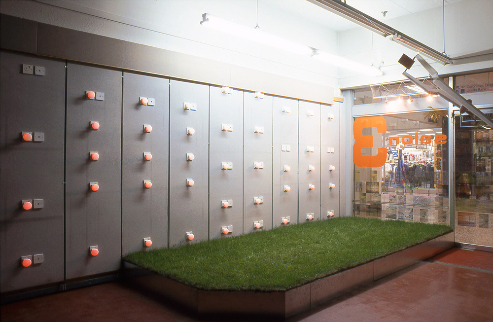 Art, artwork. An installation entitled "Retrospective (Plugged-Light)" by Nika Span / Nika Špan. Material: Plug-in night-lights with a diameter of 7 cm, adhesive foil. Exhibitions: „...Durchschnittlich in Tagen...“, Kreishaus, Gütersloh, Germany Zero Gravity, Salon 3, London; Cornerhouse, Manchester, United Kingdom